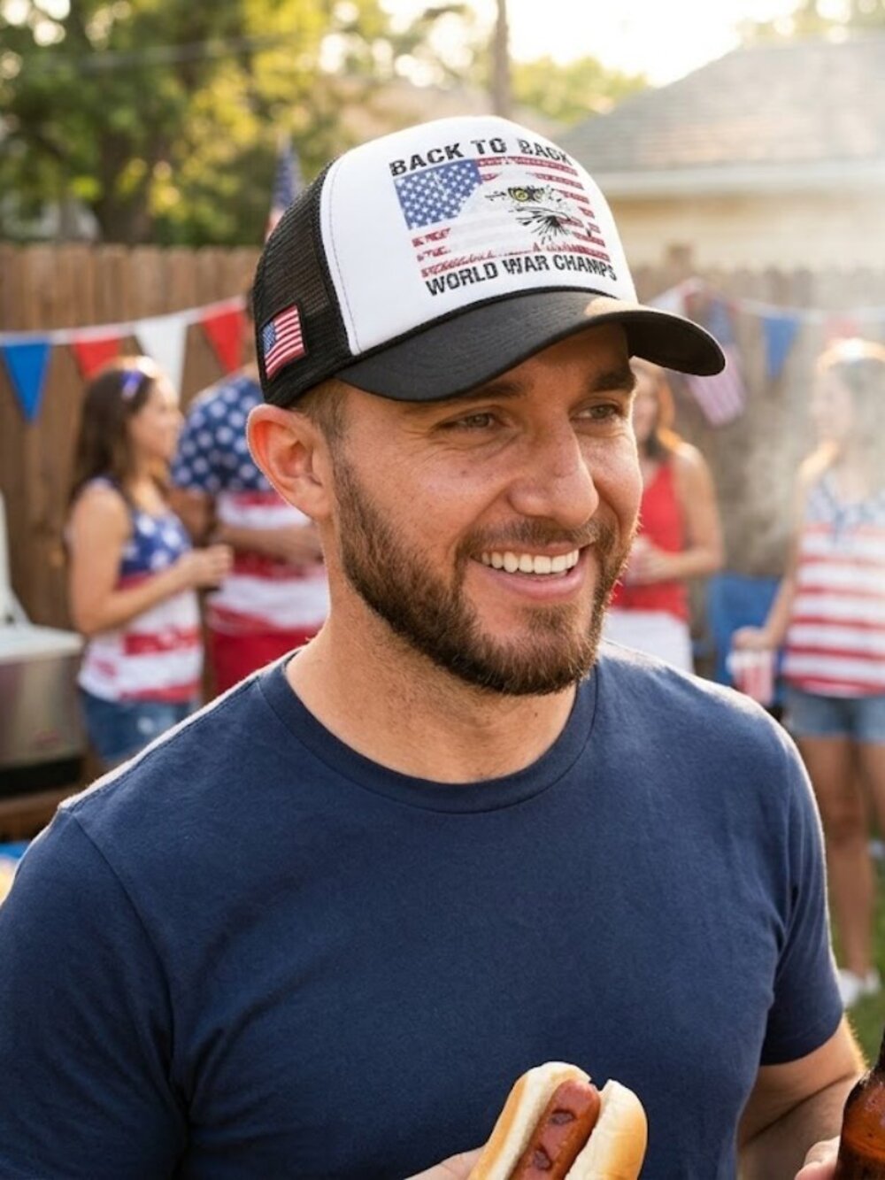 World War Champs Hat Back to Back Patriotic Eagle American Flag Black Trucker